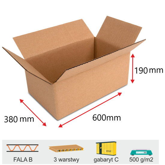 300szt Karton klapowy z regulacją wysokości 600x380x190 3w/500g komplet